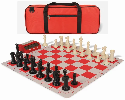 Executive Deluxe Carry-All Plastic Chess Set Black & Ivory Pieces with Clock & Lightweight Floppy Board & Bag - Red - Image 1