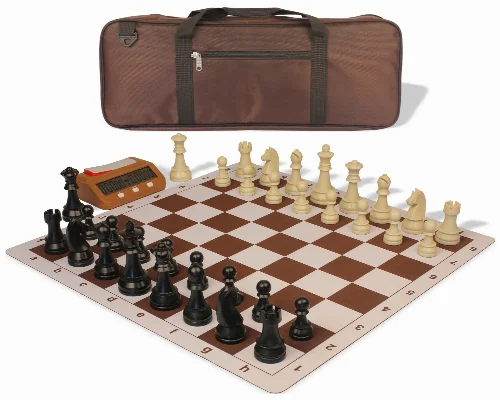 German Knight Deluxe Carry-All Plastic Chess Set Black & Aged Ivory Pieces with Clock & Lightweight Floppy Board - Brown - Image 1