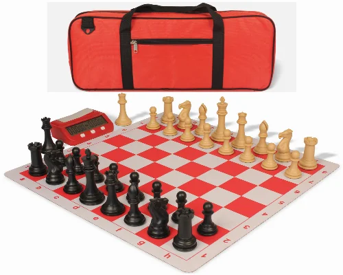 Professional Deluxe Carry-All Plastic Chess Set Black & Camel Pieces with Clock & Lightweight Floppy Board - Red - Image 1