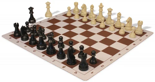 German Knight Plastic Chess Set Black & Aged Ivory Pieces with Lightweight Floppy Board - Brown - Image 1
