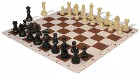 German Knight Plastic Chess Set Black & Aged Ivory Pieces with Lightweight Floppy Board - Brown