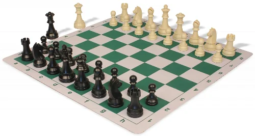 German Knight Plastic Chess Set Black & Aged Ivory Pieces with Lightweight Floppy Board - Green - Image 1