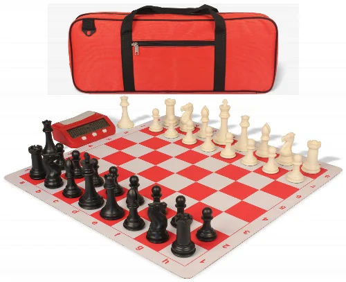 Professional Deluxe Carry-All Plastic Chess Set Black & Ivory Pieces with Clock & Lightweight Floppy Board - Red - Image 1