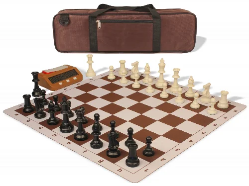 Weighted Standard Club Large Carry-All Plastic Chess Set Black & Ivory Pieces with Bag, Clock, & Lightweight Floppy Board - Brown - Image 1