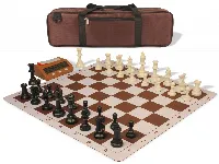 Weighted Standard Club Large Carry-All Plastic Chess Set Black & Ivory Pieces with Bag, Clock, & Lightweight Floppy Board - Brown