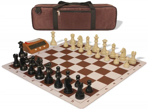 German Knight Large Carry-All Plastic Chess Set Black & Aged Ivory Pieces with Clock & Lightweight Floppy Board - Brown - Image 1