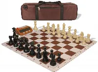 German Knight Large Carry-All Plastic Chess Set Black & Aged Ivory Pieces with Clock & Lightweight Floppy Board - Brown