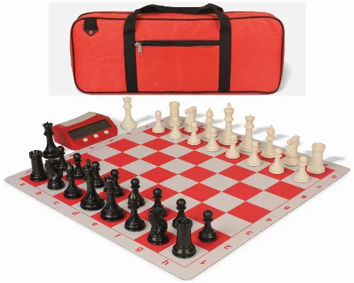Conqueror Deluxe Carry-All Plastic Chess Set Black & Ivory Pieces with Clock & Lightweight Floppy Board - Red - Image 1
