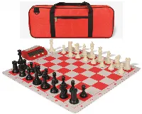 Conqueror Deluxe Carry-All Plastic Chess Set Black & Ivory Pieces with Clock & Lightweight Floppy Board - Red