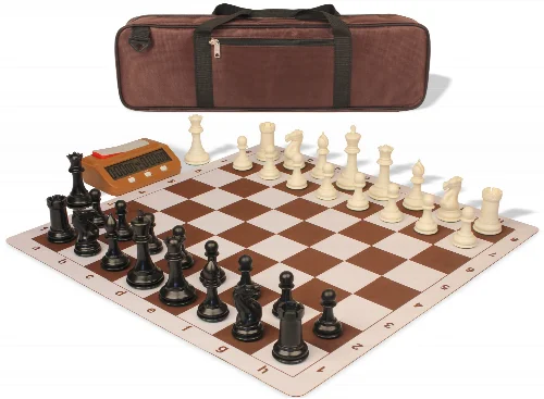 Conqueror Large Carry-All Plastic Chess Set Black & Ivory Pieces with Clock & Lightweight Floppy Board - Brown - Image 1