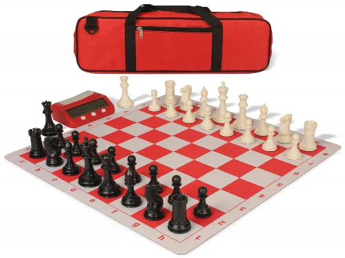 Conqueror Large Carry-All Plastic Chess Set Black & Ivory Pieces with Clock & Lightweight Floppy Board - Red - Image 1