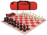 Conqueror Large Carry-All Plastic Chess Set Black & Ivory Pieces with Clock & Lightweight Floppy Board - Red