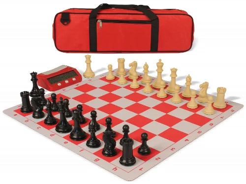 Conqueror Large Carry-All Plastic Chess Set Black & Camel Pieces with Clock & Lightweight Floppy Board - Red - Image 1