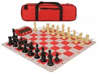Conqueror Large Carry-All Plastic Chess Set Black & Camel Pieces with Clock & Lightweight Floppy Board - Red