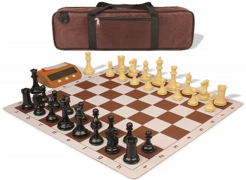 Conqueror Large Carry-All Plastic Chess Set Black & Camel Pieces with Clock & Lightweight Floppy Board - Brown - Image 1