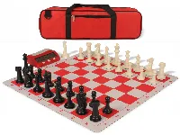 Executive Large Carry-All Plastic Chess Set Black & Ivory Pieces with Clock & Lightweight Floppy Board - Red