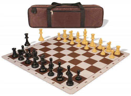 Standard Club Carry-All Triple Weighted Plastic Chess Set Black & Camel Pieces with Lightweight Floppy Board - Brown - Image 1