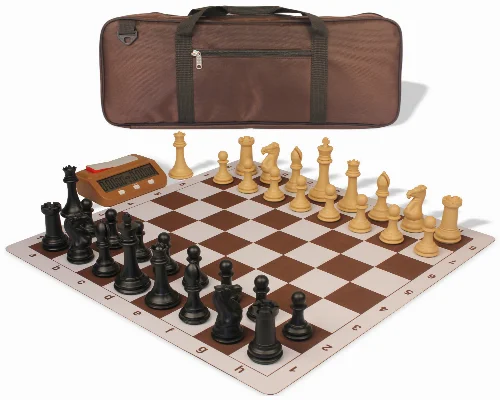 Professional Deluxe Carry-All Plastic Chess Set Black & Camel Pieces with Clock & Lightweight Floppy Board - Brown - Image 1