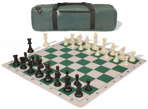 Standard Club Carry-All Triple Weighted Plastic Chess Set Black & Ivory Pieces with Lightweight Floppy Board - Green - Image 1