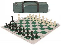 Standard Club Carry-All Triple Weighted Plastic Chess Set Black & Ivory Pieces with Lightweight Floppy Board - Green