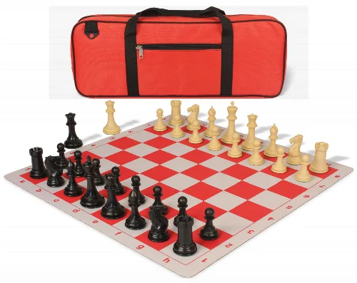 Conqueror Deluxe Carry-All Plastic Chess Set Black & Camel Pieces with Lightweight Floppy Board - Red - Image 1