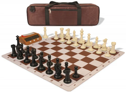 Executive Large Carry-All Plastic Chess Set Black & Ivory Pieces with Clock & Lightweight Floppy Board - Brown - Image 1