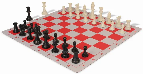 Weighted Standard Club Plastic Chess Set Black & Ivory Pieces with Lightweight Floppy Board - Red - Image 1