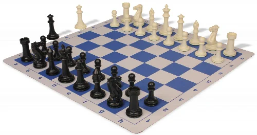Executive Plastic Chess Set Black & Ivory Pieces with Lightweight Floppy Board - Blue - Image 1
