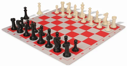 Executive Plastic Chess Set Black & Ivory Pieces with Lightweight Floppy Board - Red - Image 1