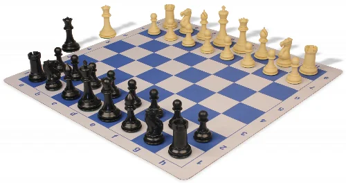 Conqueror Plastic Chess Set Black & Camel Pieces with Lightweight Floppy Board - Blue - Image 1