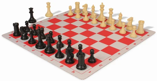 Conqueror Plastic Chess Set Black & Camel Pieces with Lightweight Floppy Board - Red - Image 1