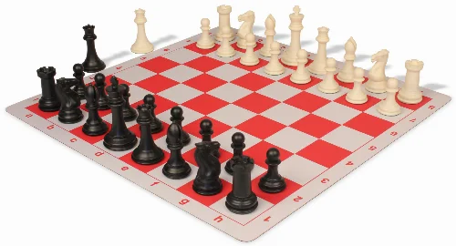 Professional Plastic Chess Set Black & Ivory Pieces with Lightweight Floppy Board - Red - Image 1