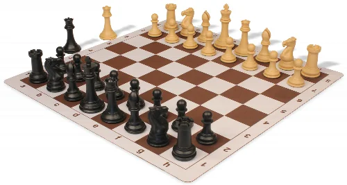 Professional Plastic Chess Set Black & Camel Pieces with Lightweight Floppy Board - Brown - Image 1