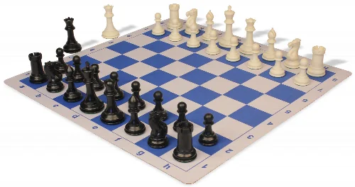 Conqueror Plastic Chess Set Black & Ivory Pieces with Lightweight Floppy Board - Blue - Image 1