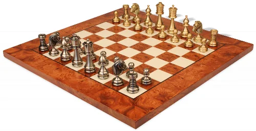 Classic Staunton Solid Brass Chess Set with Elm Burl Board - Image 1