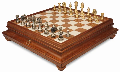 Classic Staunton Solid Brass Chess Set with Tuscan Marble Chess Case - Image 1
