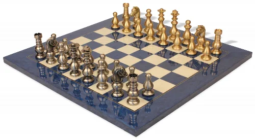 Classic French Staunton Brass Chess Set with Blue Ash Burl Chess Board - Image 1