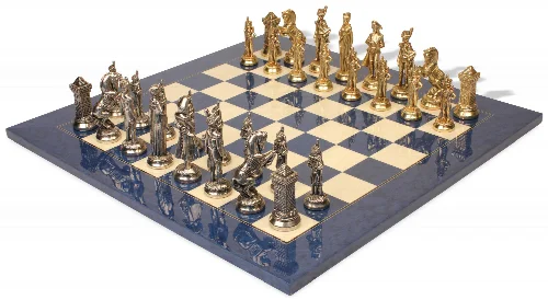 Large Napoleon Theme Metal Chess Set with Blue Ash Burl Chess Board - Image 1