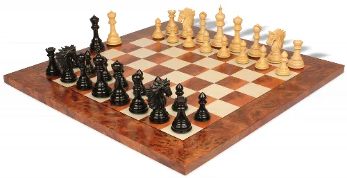 Bucephalus Staunton Chess Set in Ebony & Boxwood with Elm Burl & Erable Board - 4.5" King - Image 1