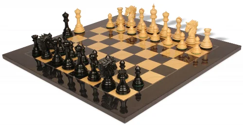 Bucephalus Staunton Chess Set Ebony & Boxwood Pieces with Black & Ash Burl Board - 4.5" King - Image 1