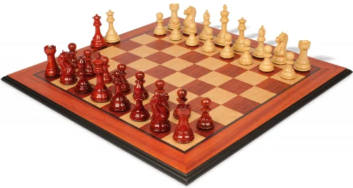 Fierce Knight Staunton Chess Set Padauk & Boxwood Pieces with Padauk & Bird's Eye Maple Molded Edge Board - 4" King - Image 1