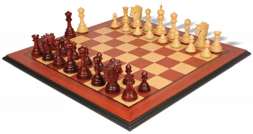 Bucephalus Staunton Chess Set in Padauk & Boxwood with Padauk & Bird's Eye Maple Molded Edge Board - 4.5" King - Image 1