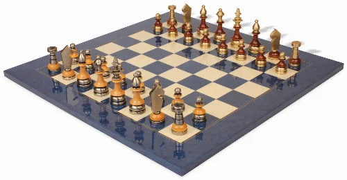 Silhouette Knight Brass & Wood Chess Set with Blue Ash Burl Chess Board - Image 1