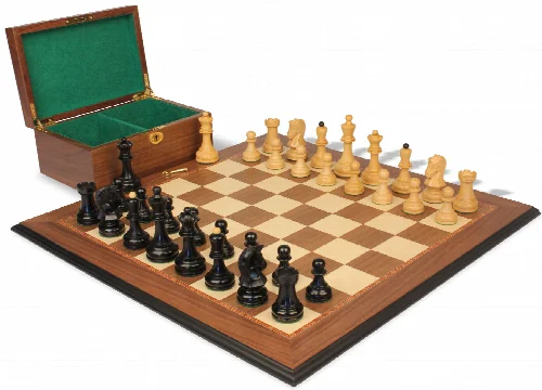 Dubrovnik Staunton Chess Set Ebonized & Boxwood Pieces with Walnut Molded Edge Chess Board & Box - 3.9" King - Image 1