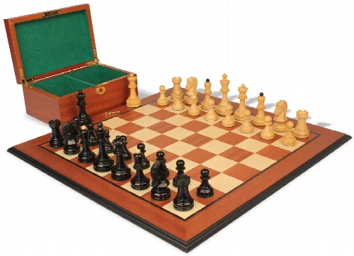 Dubrovnik Staunton Chess Set Ebonized & Boxwood Pieces with Mahogany Molded Edge Chess Board & Box - 3.9" King - Image 1