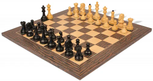 Dubrovnik Series Chess Set Ebonized & Boxwood Pieces with Deluxe Tiger Ebony & Maple Board - 3.9" King - Image 1