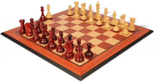 New Exclusive Staunton Chess Set Padauk & Boxwood Pieces with Padauk & Bird's Eye Maple Molded Edge Board - 4" King - Image 1