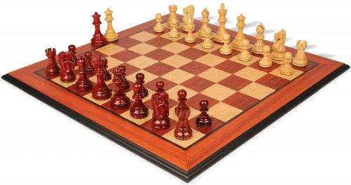 Deluxe Old Club Staunton Chess Set Padauk & Boxwood Pieces with Padauk & Bird's Eye Maple Molded Edge Board - 3.75" King - Image 1