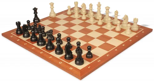 German Knight Plastic Chess Set Black & Aged Ivory Pieces with Sunrise Mahogany Notated Board - 3.75" King - Image 1