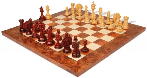Hengroen Staunton Chess Set Padauk & Boxwood Pieces with Elm Burl Chess Board - 4.6" King - Image 1